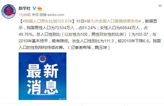 第七次全国人口普查结果发布（中国男女比例介绍）